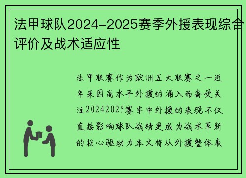 法甲球队2024-2025赛季外援表现综合评价及战术适应性