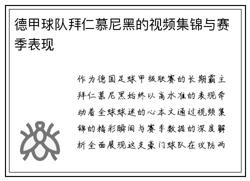 德甲球队拜仁慕尼黑的视频集锦与赛季表现